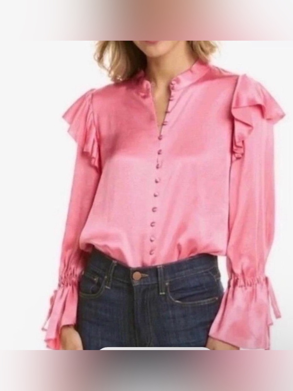 Alice + Olivia Brayden Ruffle Detail Satin Blouse Pink M Ruffle Sleeve Tie Cuff - Picture 2 of 10